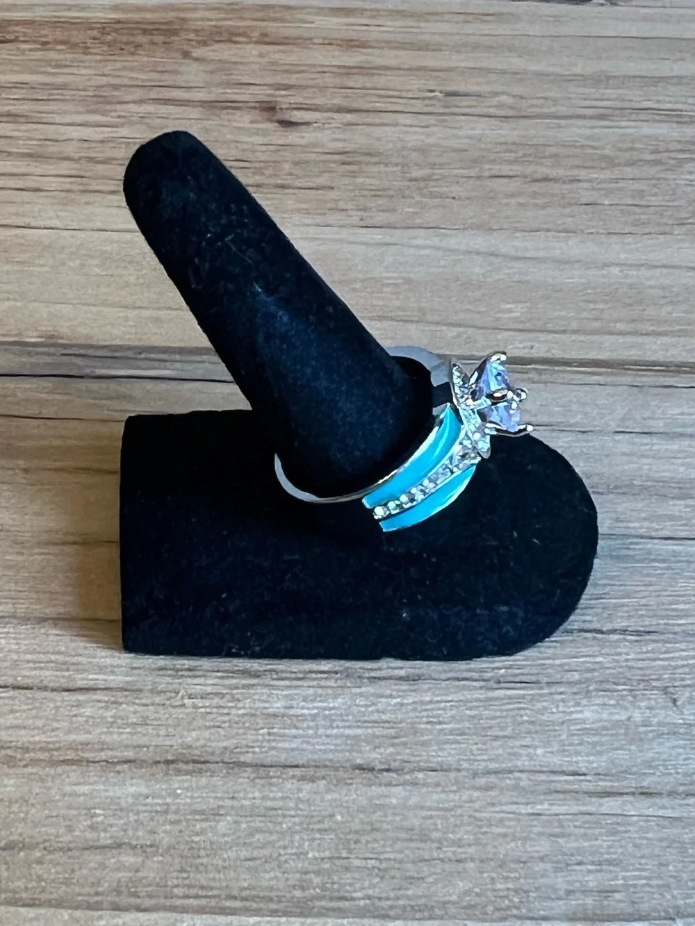 Turquoise Silver Tone Halo Ring With Cubic Zirconia Center Stone Size 9